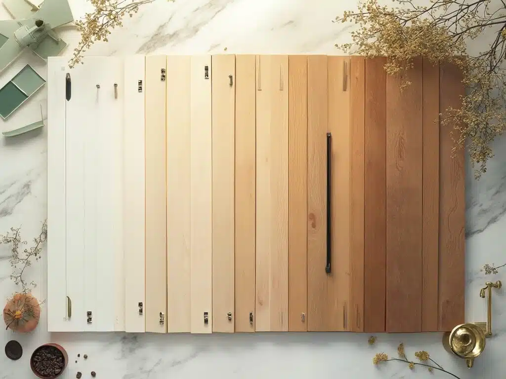 "Birch kitchen cabinet samples in gradient tones with modern hardware, set on a white marble surface, bathed in golden lighting"