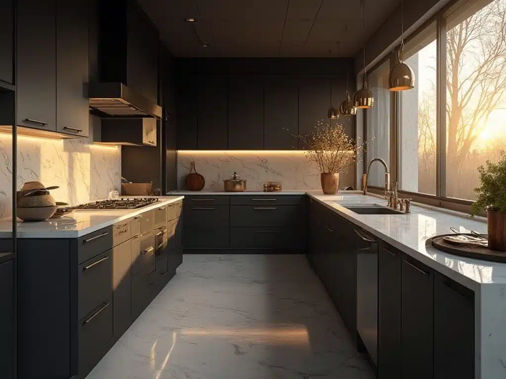 "Matte black kitchen cabinets with brass hardware and marble countertops bathed in warm golden hour light"