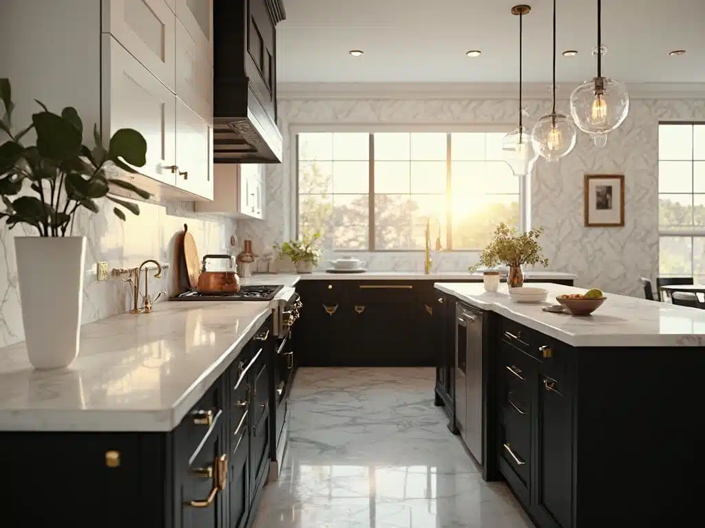 "Luxurious modern kitchen with black lower and white upper cabinets, brass hardware, Carrara marble countertops and herringbone backsplash, stylish pendant lighting, and elegant decor items, basking in warm sunlight."