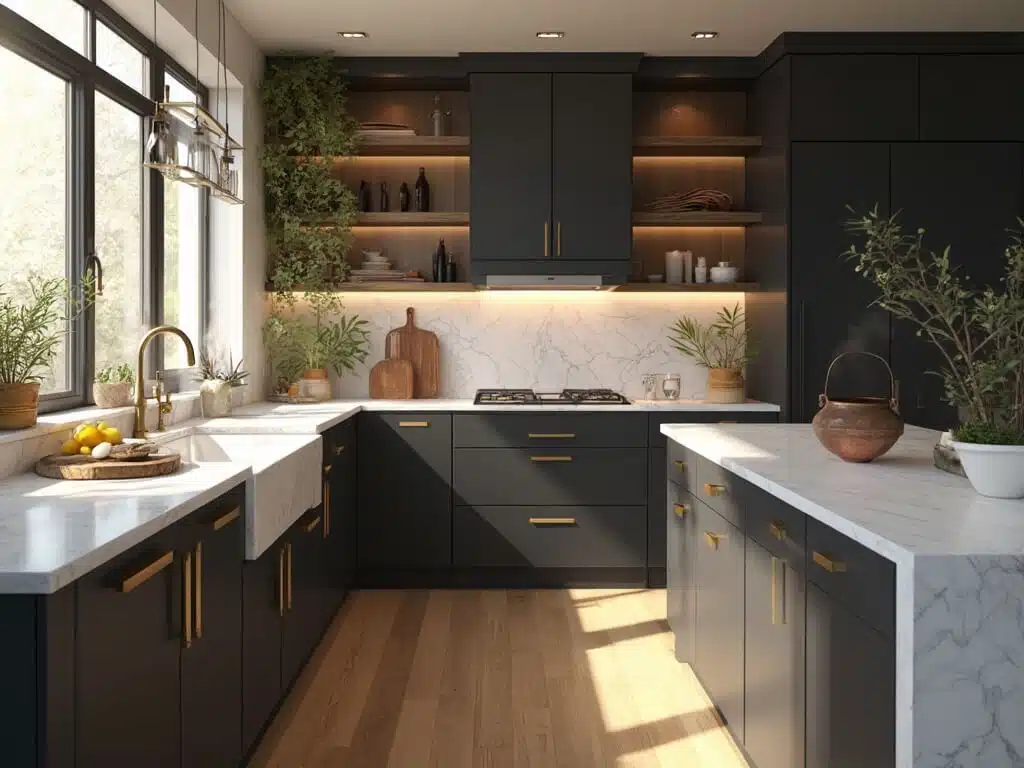 "Modern kitchen with charcoal cabinets, brass hardware, Carrara marble countertops, and white oak flooring, featuring a center island, open shelving, and warm lighting accents."