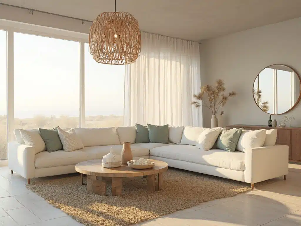 "Modern coastal living room with white sectional sofa, bleached oak coffee table, woven jute rug, and rattan pendant light, bathed in golden hour light."