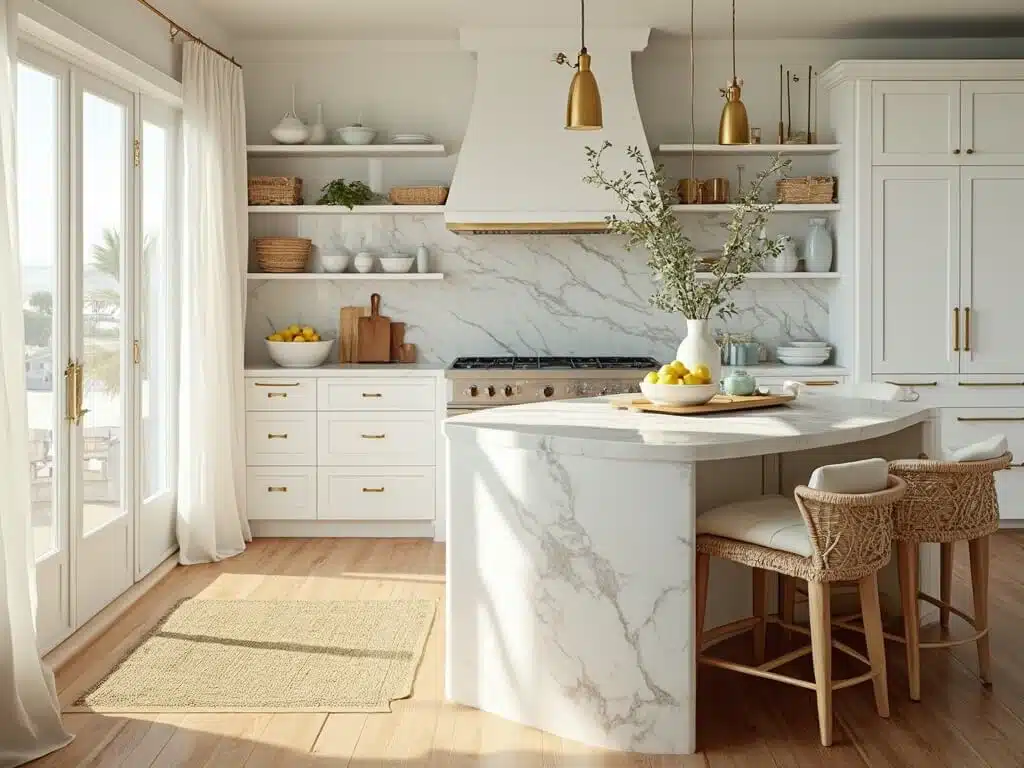 "Modern coastal kitchen with white shaker cabinets, brass hardware, marble island, natural oak flooring and sea-themed decorations set in morning sunlight"