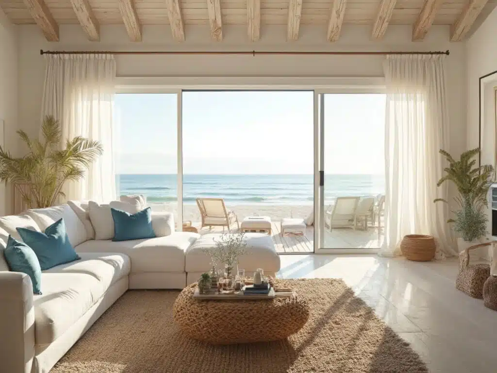 "Modern coastal living room with white slipcovered sectional, rattan coffee table, jute rug, ocean blue pillows, golden hour light streaming through floor-to-ceiling windows, bleached oak floors, driftwood accents, gauzy white curtains, and serene beach house atmosphere"