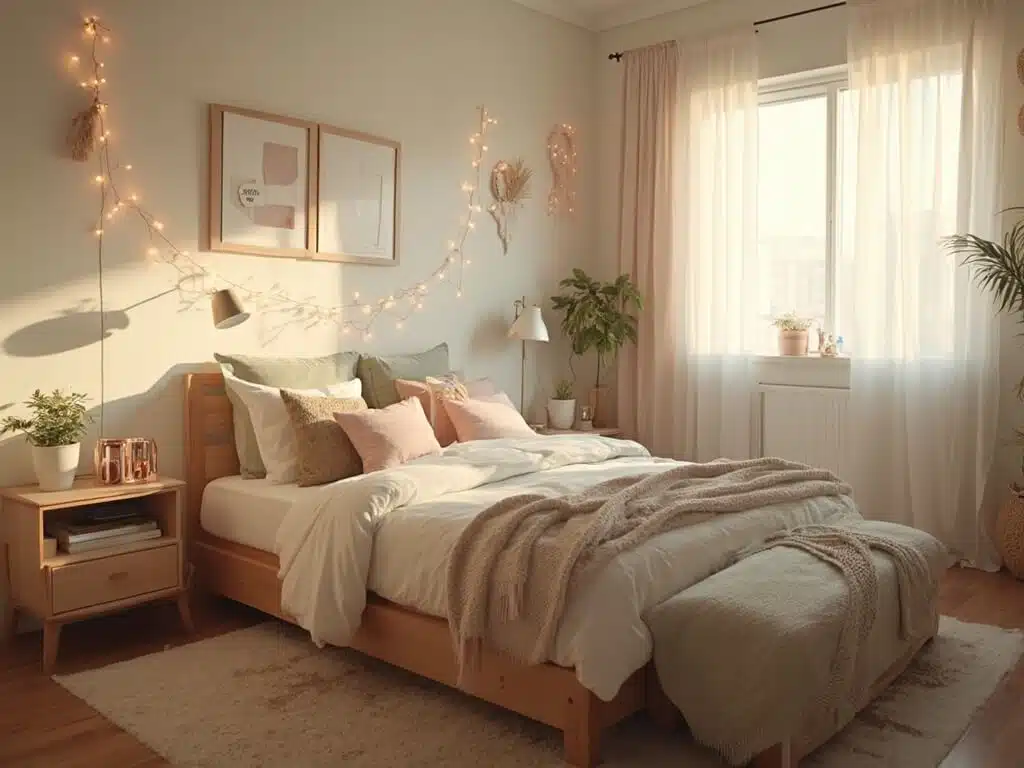 "Modern, boho-style dorm room featuring layered bedding, fairy lights, multifunctional furniture, geometric wall art, and macramé hangings on a minimalist, sunlit background."
