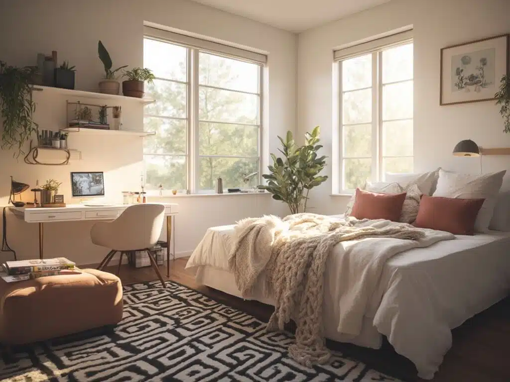 "Modern dorm room makeover with LED lights, geometric textures and natural light streaming through tall windows, featuring a white and gray color scheme, layered bedding, succulent plants, and a sleek desk setup."