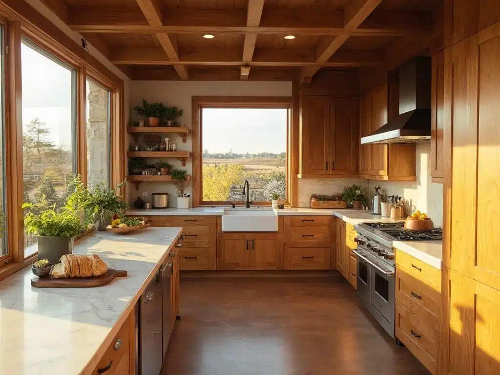 "Luxurious wooden kitchen with marble island, brass hardware, and golden hour lighting"