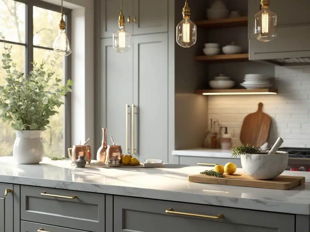 "Luxurious modern kitchen with gray shaker cabinets, brass hardware, white marble countertops, and soft morning light."
