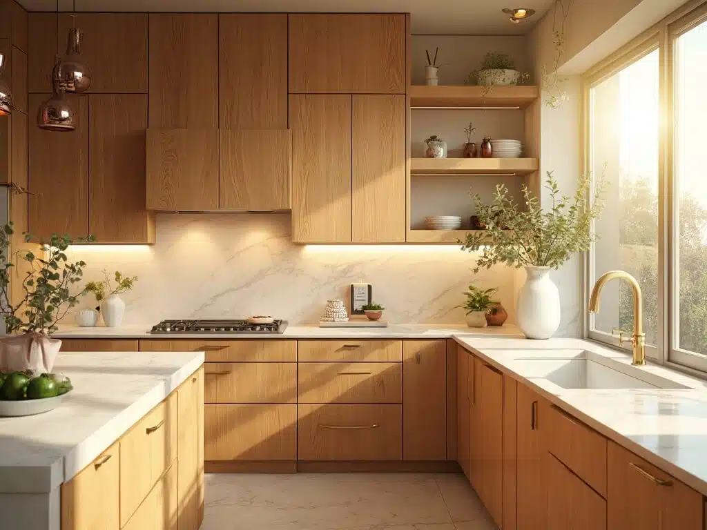 "Sun-drenched modern kitchen with honey oak cabinets, white quartz countertops, brass hardware, and natural decor elements in warm lighting"