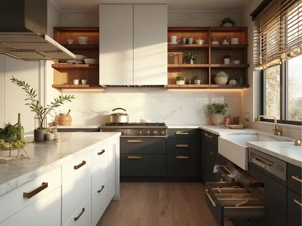 "Modern luxurious kitchen with white Shaker cabinets, matte black cabinets, walnut shelves, and Calacatta marble island illuminated by warm sunlight"