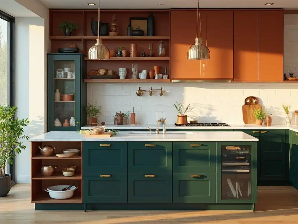 "Modern kitchen interior with emerald green and navy blue cabinets, terracotta accents, and warm sunlight streaming through large windows"