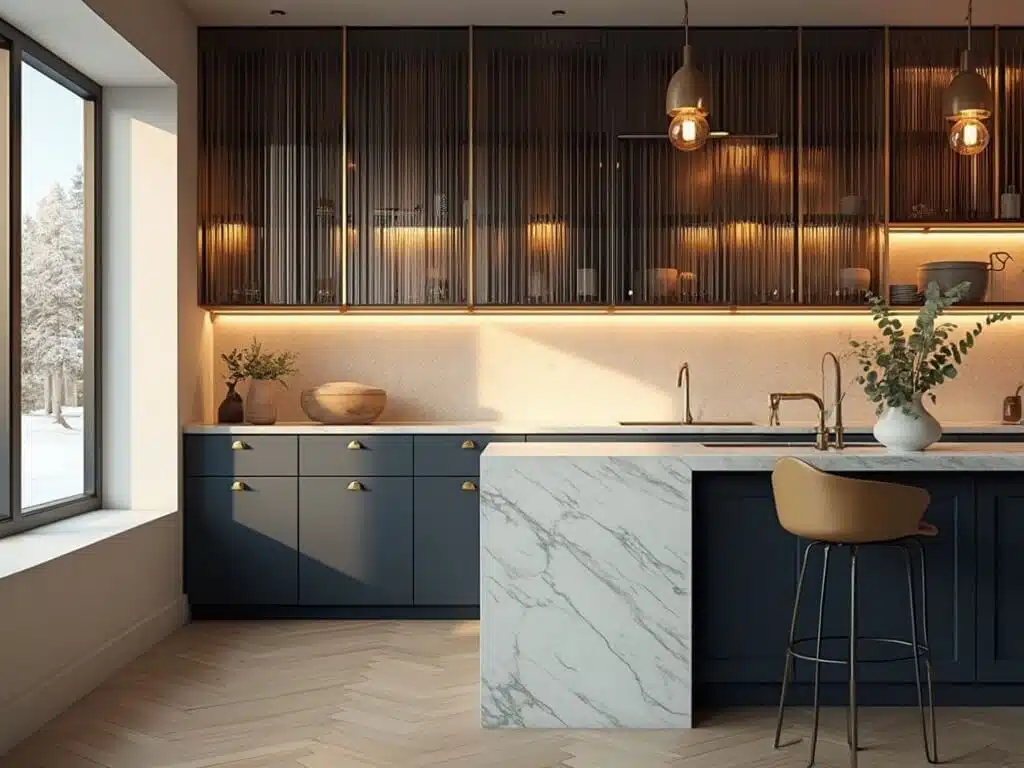 "Modern kitchen interior with fluted glass cabinets, brass hardware, marble island, and golden hour lighting"