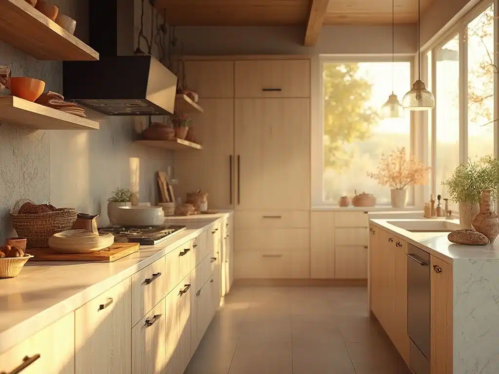 "Modern open-concept kitchen with light wood cabinets, quartzite island, and natural decor bathed in golden morning light"
