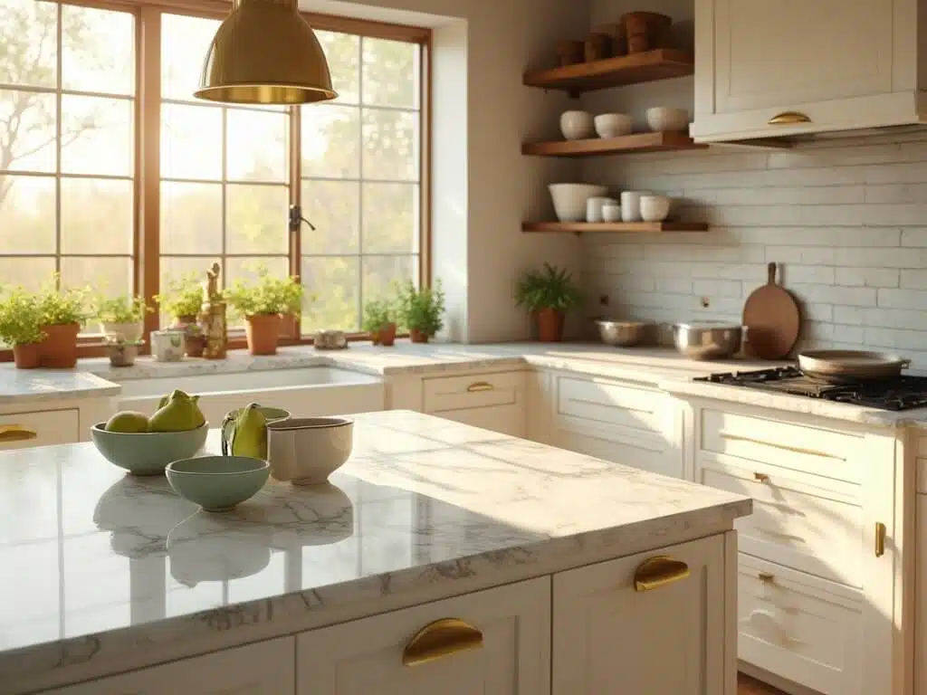 "Luxurious off-white kitchen with marble island, brass hardware, and warm neutral tones"