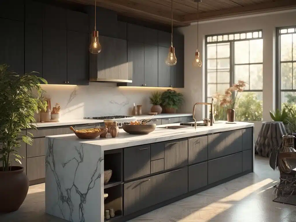 "Modern luxury kitchen with dark gray shaker cabinets, white marble island, and brass hardware in morning golden hour light"