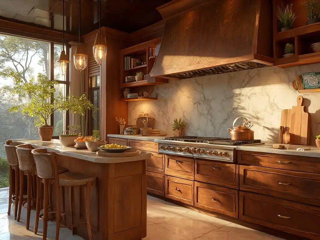 "Luxurious kitchen with cherry, walnut, and maple wood cabinets bathed in golden hour light, reflecting off quartz countertops and brass hardware, a marble backsplash behind a professional range, and elegant decor including fresh herbs and a copper kettle."