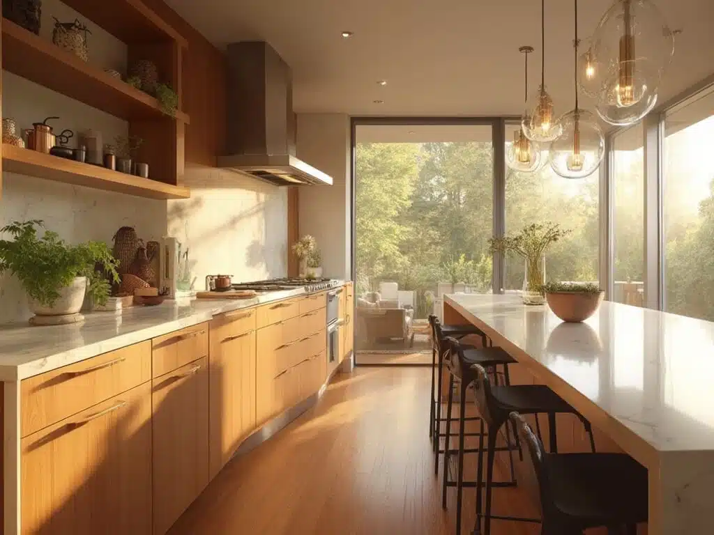 "Modern kitchen with maple cabinets, white quartz island, brushed gold hardware, and natural sunlight streaming through large windows"