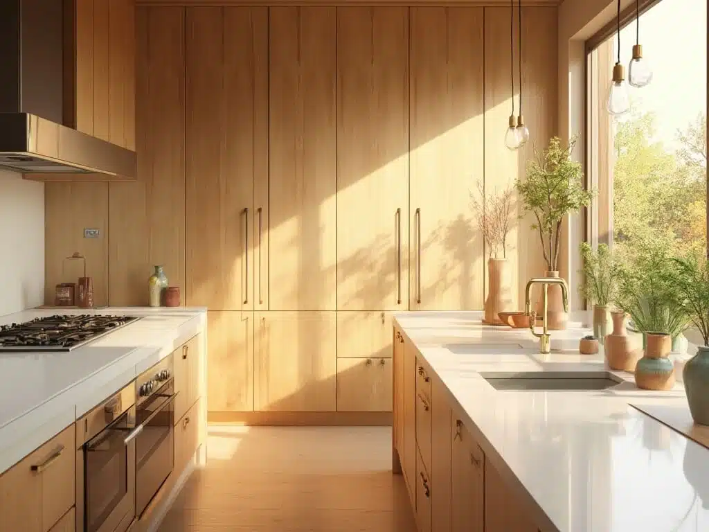 "Sunlit modern kitchen with light maple cabinets, white quartz island, glass pendant lights, and handcrafted ceramics in subtle sage green and terracotta hues"