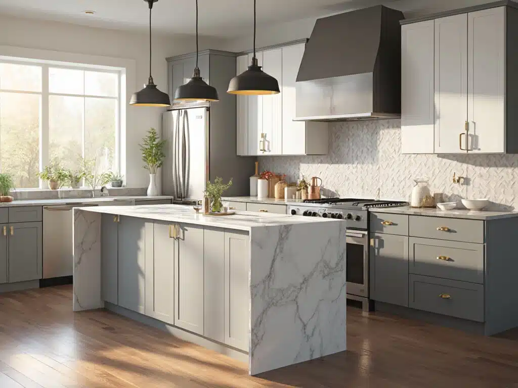 "Modern grey and white kitchen with marble island, pendant lights, and stainless steel appliances in golden hour lighting"