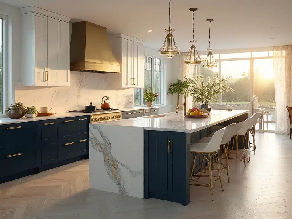 "Modern luxury kitchen with white and navy blue cabinets, marble island, brass hardware, and morning light"