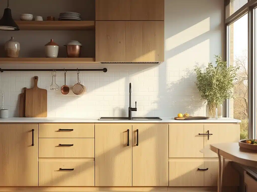 "Modern kitchen with light oak Shaker cabinets, white quartz countertops, and black hardware, styled with minimalistic decor in warm daylight."