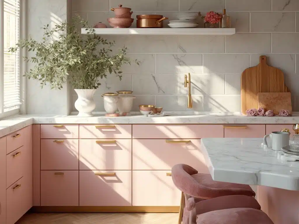 "Luxurious modern kitchen with blush pink cabinets, marble countertops, gold hardware, and sunlight streaming in through large windows"
