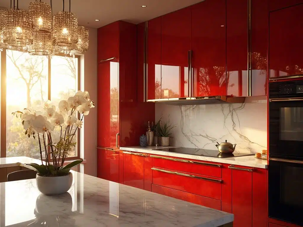 "Modern, glam-style kitchen with glossy cherry red cabinets, brass hardware, white marble countertops, and black appliances bathed in golden hour sunlight"