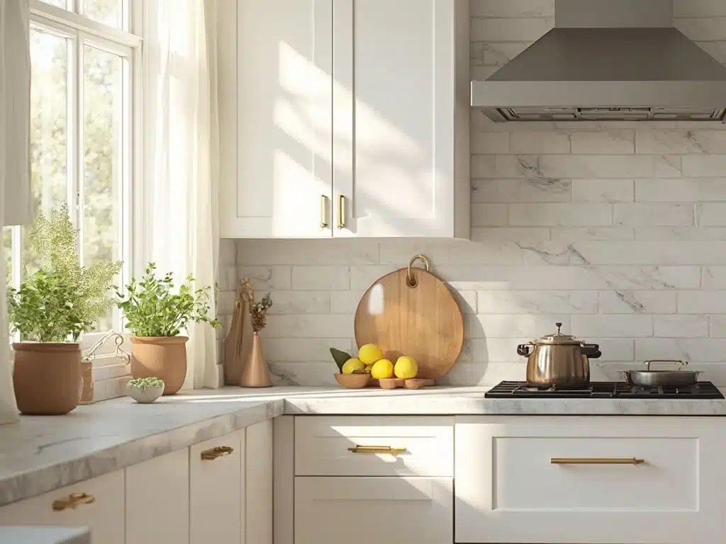 "White kitchen interior with subway tile backsplash, brass hardware, marble countertops, and natural sunlight streaming through windows"