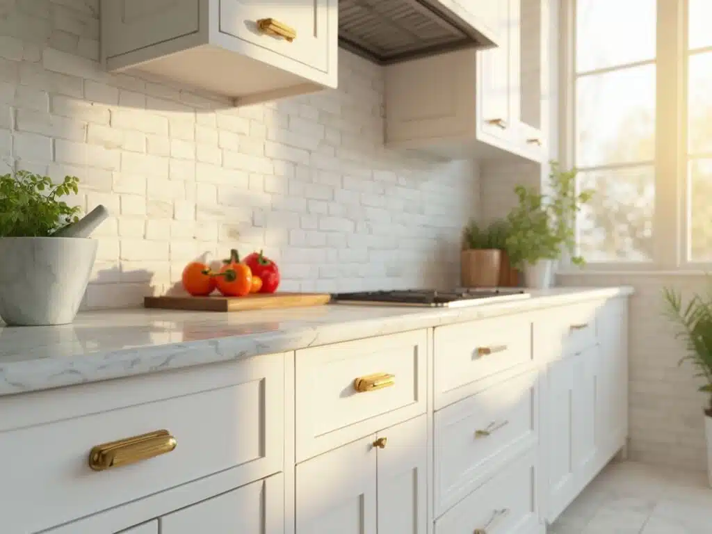 "White shaker-style kitchen cabinets with Carrara marble countertops, brass hardware, and organized interior, on a white subway tile backdrop"