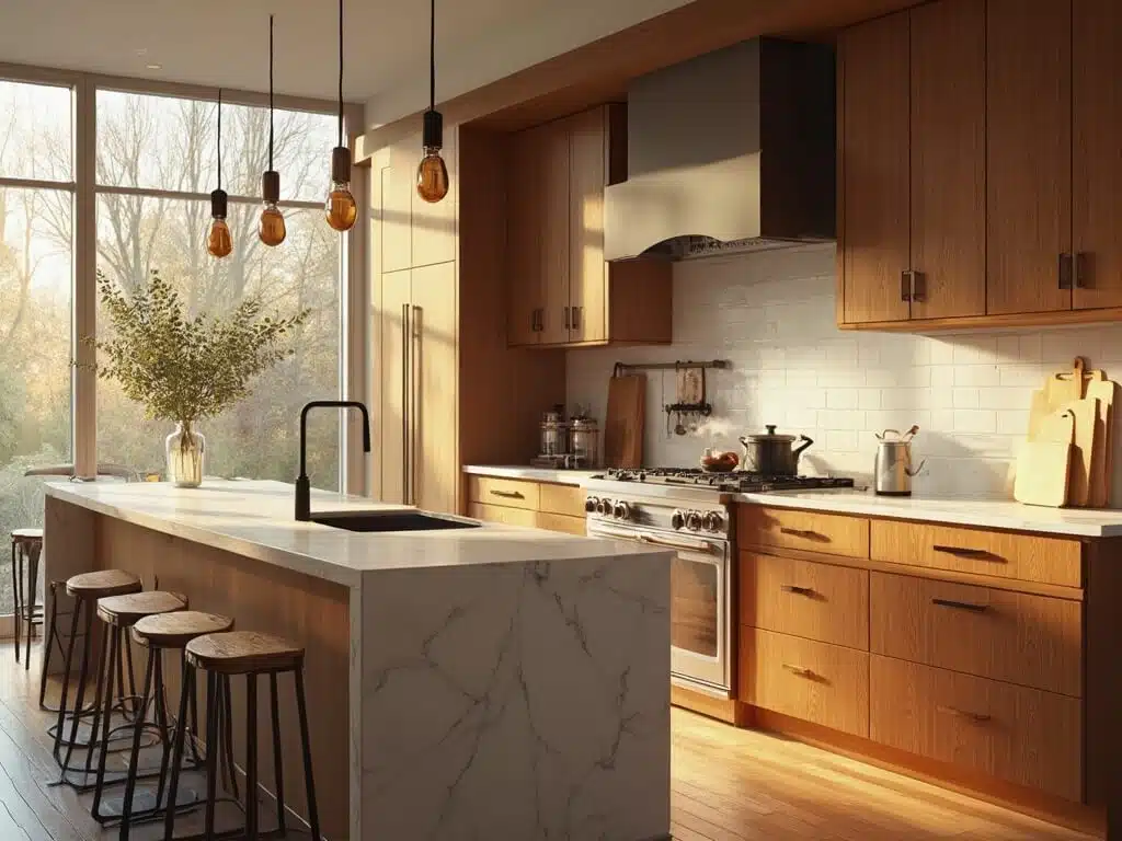 "Luxurious transitional kitchen with medium wood cabinets, white marble island, and black hardware during golden hour."
