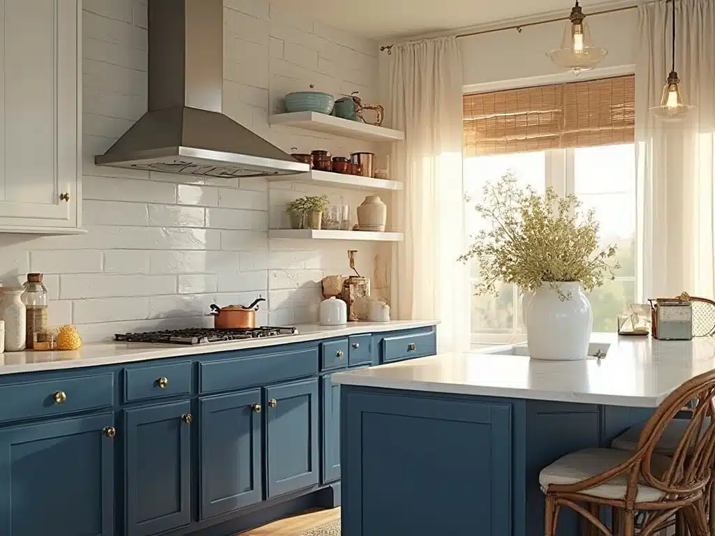 "Contemporary kitchen with blue and white shaker cabinets, brass hardware, Carrara marble island, and Zellige tile backsplash, decorated with eucalyptus and vintage copper cookware."