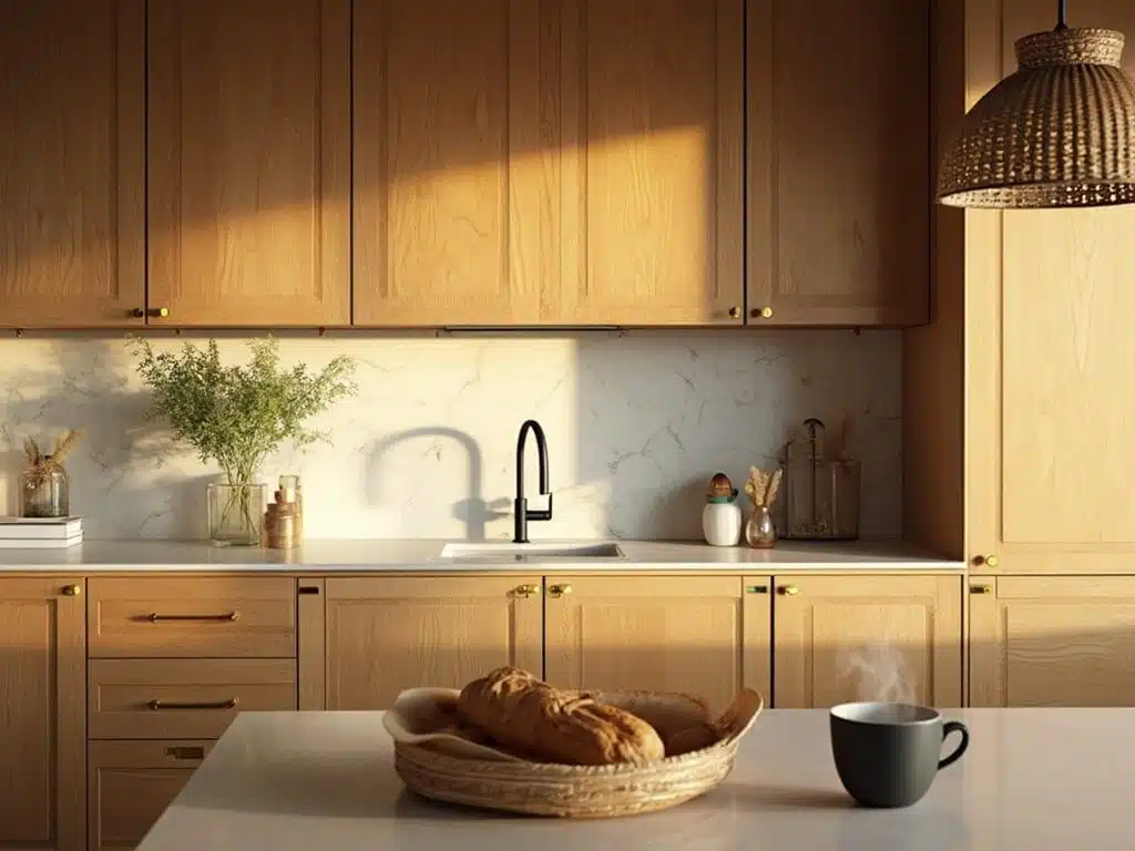 "Luxurious kitchen with natural oak cabinets, brass hardware, marble countertops, and warm morning light"