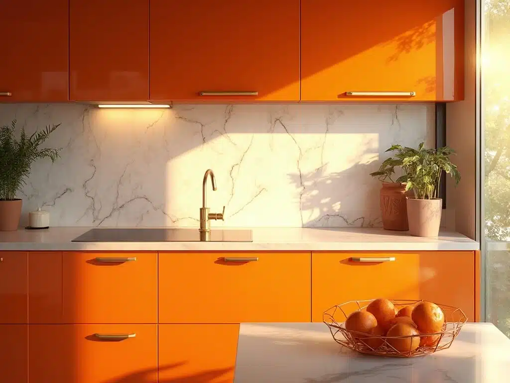 "Sunlit orange kitchen cabinets with brass hardware on a marble background"