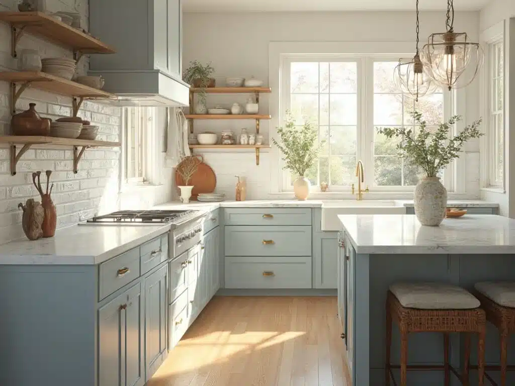 "Pale blue kitchen cabinets with brass hardware, white marble countertops, and natural light pouring in through the windows"