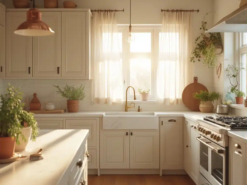 "Pale Oak kitchen cabinets with brass hardware, quartzite countertops under soft morning light"