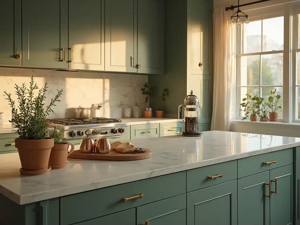 "Luxurious kitchen with pewter green cabinets, brass hardware, marble countertops, and warm morning light"