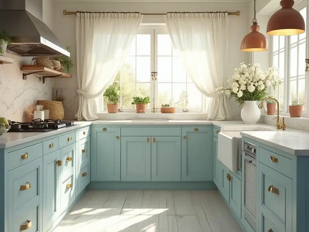 "Powder blue kitchen cabinets with gold hardware, Carrara marble countertop, with natural light, oak flooring, and decorative items during golden hour"
