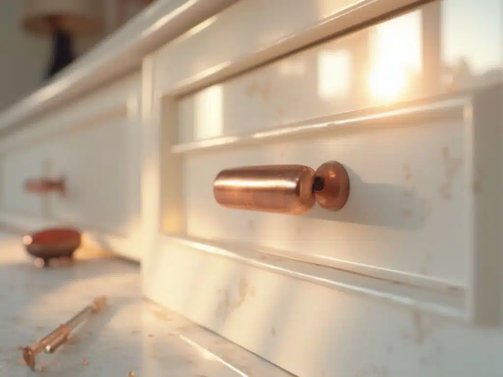 "Rose gold handle installation on white shaker cabinet during golden hour"