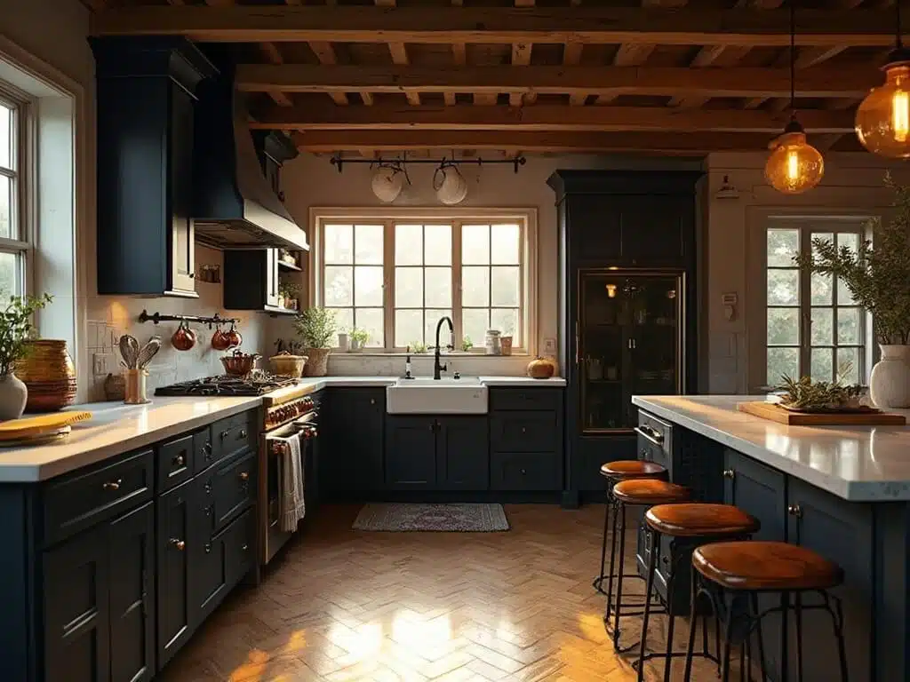 "Rustic kitchen with black cabinets, marble island, exposed beams, and copper accents in warm lighting"