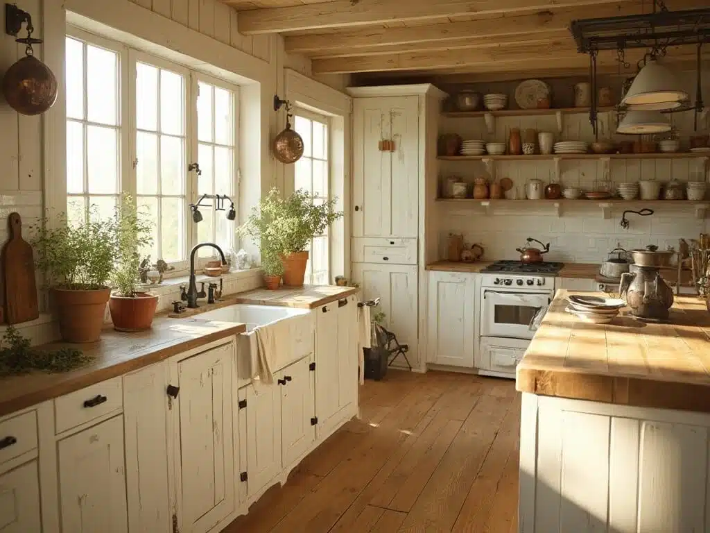 "Sunlit farmhouse kitchen with distressed white cabinets, black iron hardware, apron-front sink, butcher block island, open shelving, aged copper pots, and warm oak flooring"