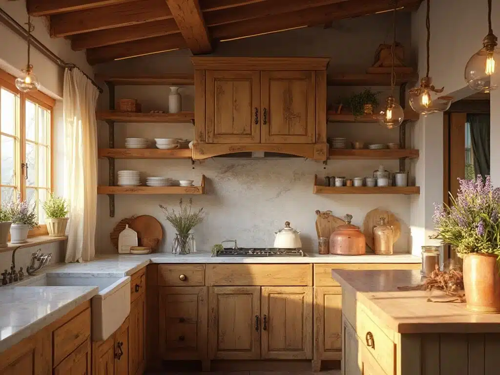 "Rustic kitchen featuring distressed oak cabinets with copper hardware, Carrara marble countertops, and vintage decor bathed in warm sunlight."