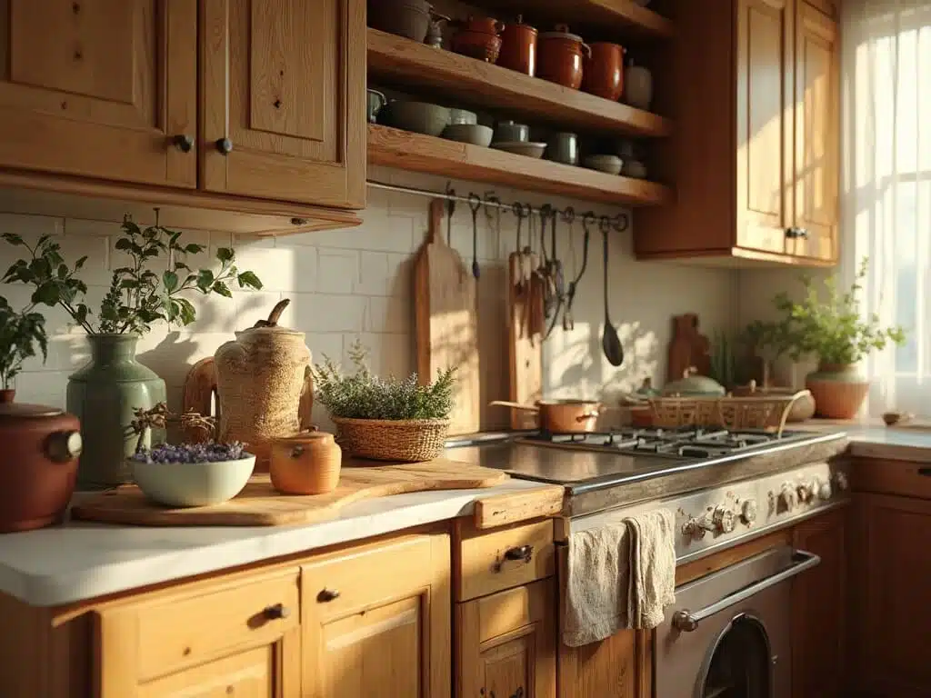 "Rustic pine kitchen cabinets with brass hardware, copper pots, and sage ceramics on a marble counter in warm, golden lighting"