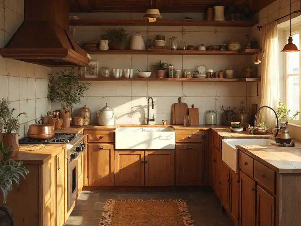 "Luxurious rustic kitchen with honey oak and reclaimed barnwood cabinets, a white farmhouse sink, copper accents, and sunlight creating dramatic shadows over countertops with aged copper pots and fresh herbs"
