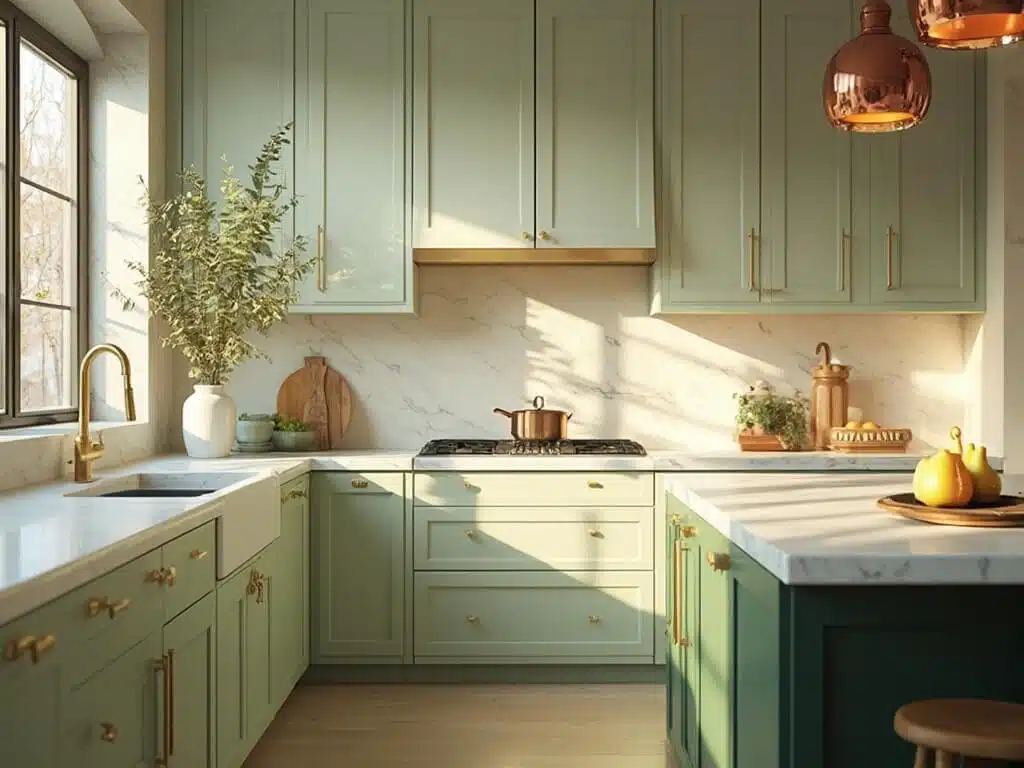 "Sage green modern kitchen with brass hardware, white marble countertops, natural sunlight, and a contrasting green island"