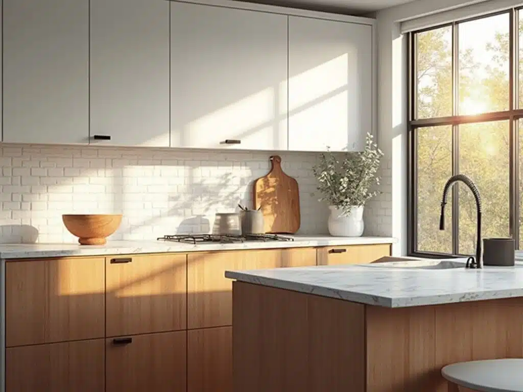 "Scandinavian minimalist kitchen with white upper and wooden lower cabinets, large island, and warm natural lighting"