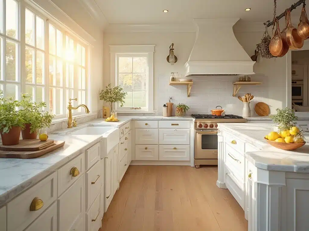 "Luxurious kitchen with white shaker cabinets, Carrara marble countertops and island, brass hardware, and oak flooring, illuminated by golden hour sunlight."