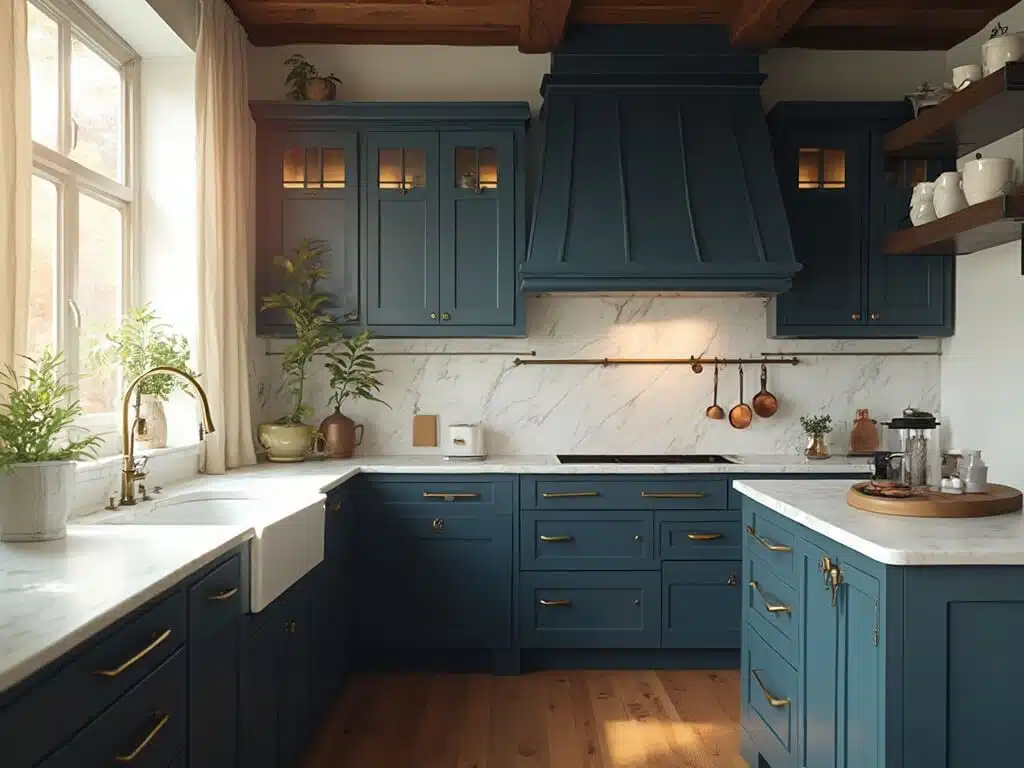 "Luxurious kitchen with slate blue cabinets, Carrara marble countertops, brass hardware, morning light, and vintage décor."
