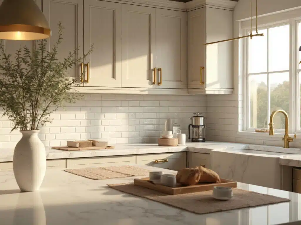 "Light taupe kitchen cabinets with gold handles, white marble countertops, and natural light illuminating the stylish details."