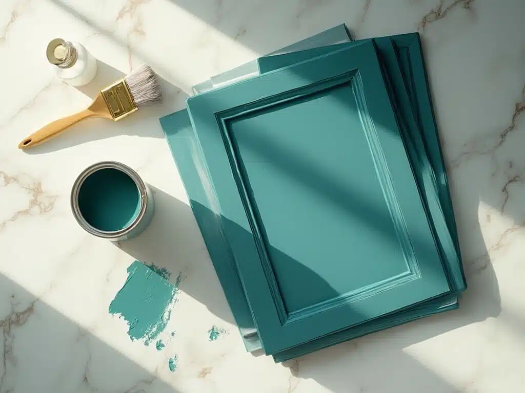 "Freshly painted teal kitchen cabinets with brass hardware on white marble background, accompanied by premium paintbrushes and paint cans"