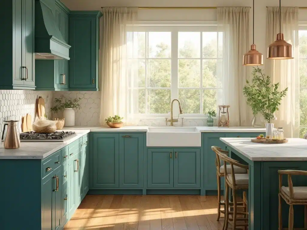 "Luxurious teal-green Shaker-style kitchen with brass hardware, Carrara marble countertops, hexagonal backsplash tiles, wood flooring, copper pendant lights, and natural rattan bar stools in warm morning light"