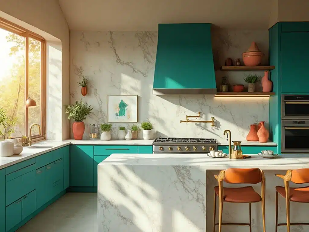"Modern kitchen with turquoise cabinets, brass hardware, marble island, and warm golden hour light"